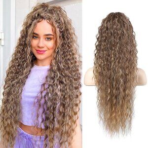 Ponytail Extension,  26" Long Bohemian Curly Highlight Synthetic Brown to Blonde